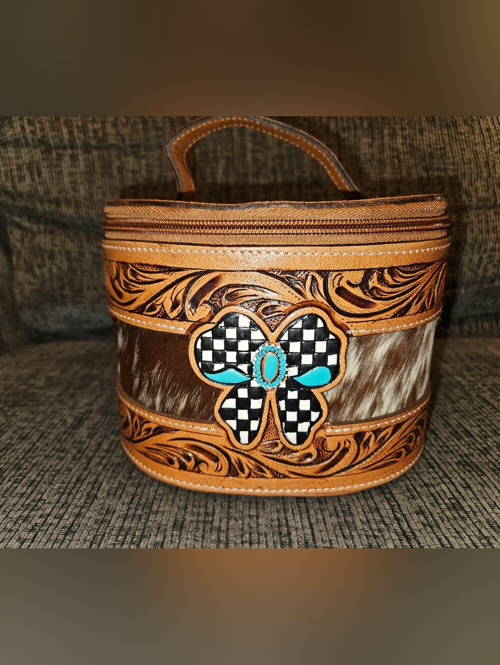 Tooled Leather Hair On Hide Ribbon Jewelry Box